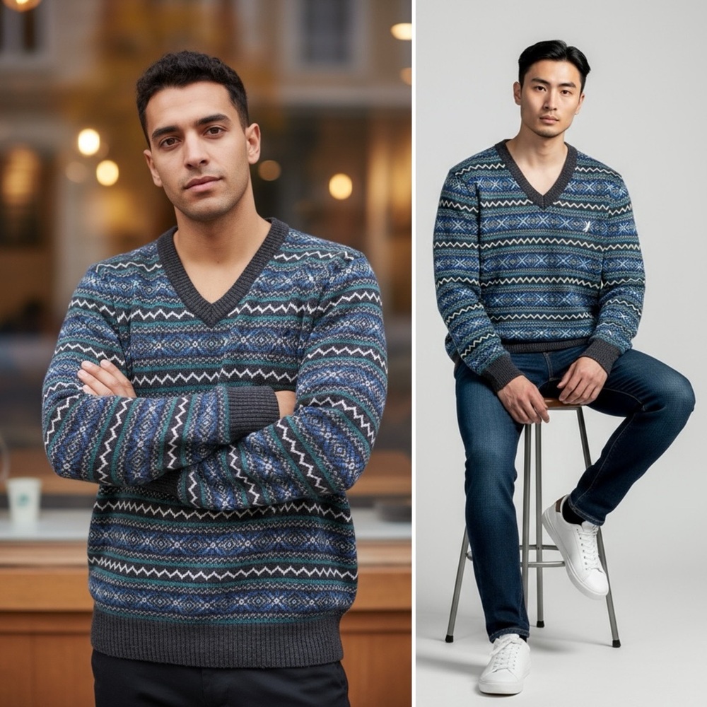 NAUTICA Knit Nordic Sweater Fair Isle Cosby Biggie  V-Neck Pullover